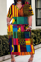 Yellow Casual Print Pocket Patchwork V Neck Straight Plus Size Dresses