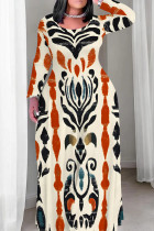Cream White Casual Print Patchwork O Neck Straight Plus Size Dresses