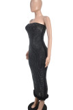 Black Sexy Patchwork Backless High Slit Zipper Feather Hemline Strapless Long Dresses
