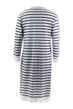 White Casual Striped Print Basic O Neck Long Sleeve Plus Size Dresses