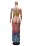 Yellow Sexy Print Backless Long Dresses
