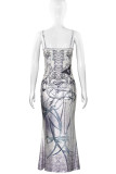 Grey Elegant Print Patchwork Backless Spaghetti Strap Sling Dresses