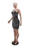 Black Sexy Patchwork Hot Drilling Fringed Trim Backless Spaghetti Strap Wrapped Skirt Dresses