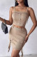 Light Coffee Sexy Solid Color Buttons Patchwork Spaghetti Strap Sleeveless Two Pieces