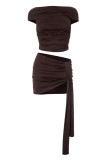 White Casual Solid Color Ruched Oblique Collar Sleeveless Two Pieces