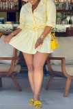 Light Yellow Casual Stripe Turndown Collar Long Sleeve Two Pieces