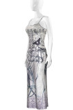 Grey Elegant Print Patchwork Backless Spaghetti Strap Sling Dresses
