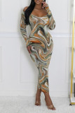 Multicolor Elegant Print Patchwork U Neck Long Dresses