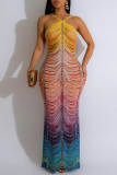 Yellow Sexy Print Backless Long Dresses