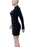 Black Casual Solid Color Buttons Patchwork Half A Turtleneck Wrapped Skirt Dresses
