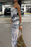 Grey Elegant Print Patchwork Backless Spaghetti Strap Sling Dresses