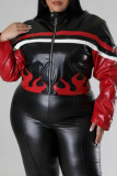 Red Casual Patchwork Zipper Collar Outerwear