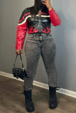 Red Casual Patchwork Zipper Collar Outerwear