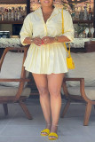 Light Yellow Casual Stripe Turndown Collar Long Sleeve Two Pieces