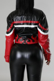 Red Casual Patchwork Zipper Collar Outerwear