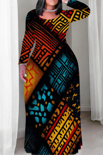 Red Blue Casual Print Patchwork O Neck Straight Plus Size Dresses