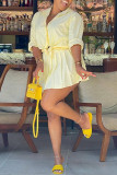 Light Yellow Casual Stripe Turndown Collar Long Sleeve Two Pieces