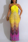Yellow Sexy Print Backless Long Dresses