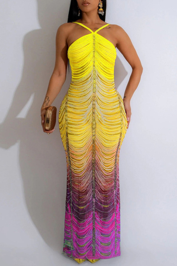 Yellow Sexy Print Backless Long Dresses