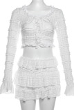 White Sexy Solid Color Patchwork Strap Design Ruffled Trim O Neck Long Sleeve Two Pieces