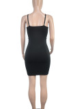 Black Sexy Solid Color Patchwork Backless Beading Spaghetti Strap Sling Dresses