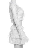 White Sexy Solid Color Patchwork Strap Design Ruffled Trim O Neck Long Sleeve Two Pieces