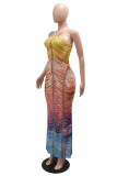 Yellow Sexy Print Backless Long Dresses