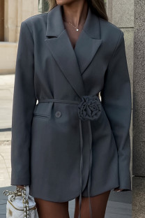 Grey Casual Solid Color Pocket Patchwork Flowers Turn-back Collar Outerwear