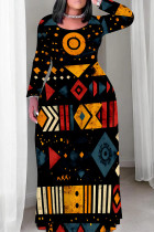 Multicolor Casual Print Patchwork O Neck Straight Plus Size Dresses