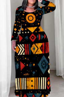 Multicolor Casual Print Patchwork O Neck Straight Plus Size Dresses