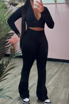 Black Casual Solid Color Patchwork Zipper Zipper Collar Long Sleeve Two Pieces