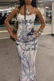 Grey Elegant Print Patchwork Backless Spaghetti Strap Sling Dresses