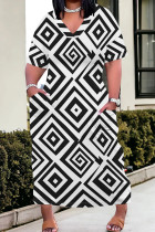 White Casual Print Pocket Patchwork V Neck Straight Plus Size Dresses