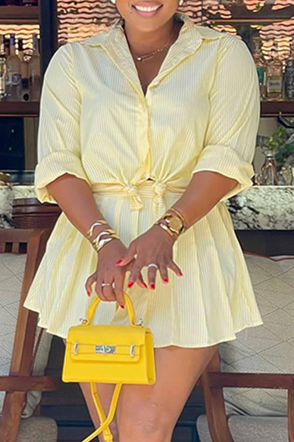 Light Yellow Casual Stripe Turndown Collar Long Sleeve Two Pieces
