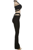 Light Gray Sexy Solid Color Hollow Out Patchwork Backless Halter Sleeveless Two Pieces