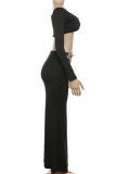 Blue Sexy Solid Color Hollow Out Patchwork Off Shoulder Long Sleeve Two Pieces