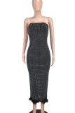 Black Sexy Patchwork Backless High Slit Zipper Feather Hemline Strapless Long Dresses