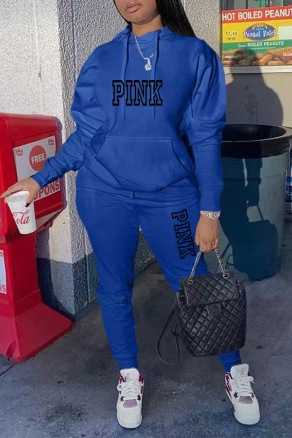 Blue Casual Street Letter Print Draw String Pocket Hooded Long Sleeve Two Pieces