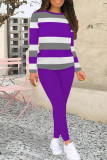 Red Casual Stripe Patchwork O Neck Long Sleeve Two Pieces