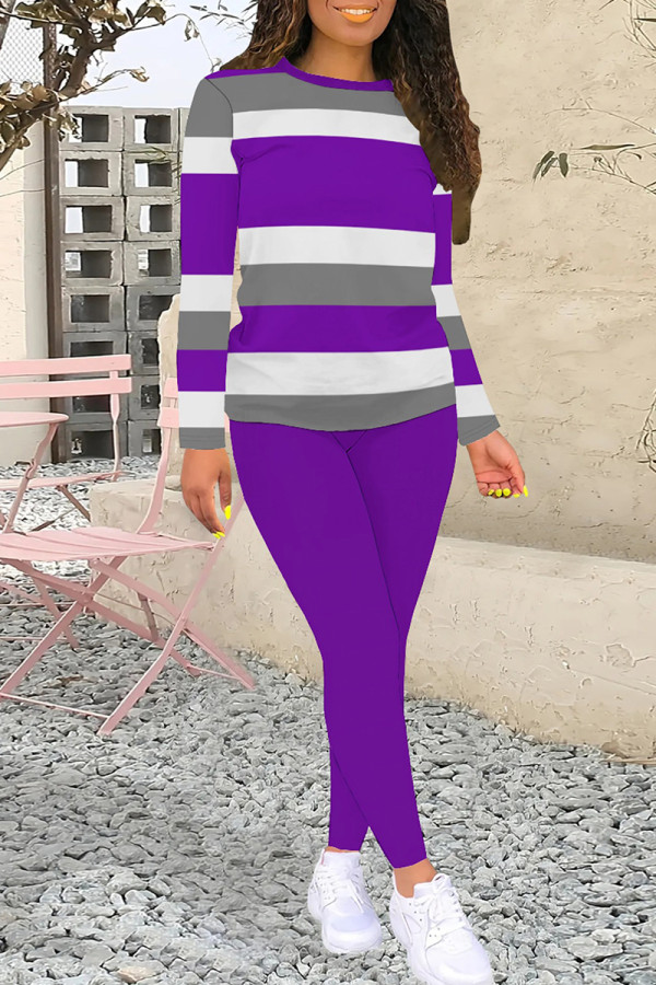 Purple Casual Stripe Patchwork O Neck Long Sleeve Two Pieces