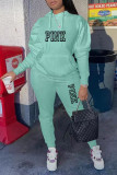 Color Blue Casual Street Letter Print Draw String Pocket Hooded Long Sleeve Two Pieces