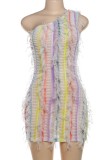 Colour Sexy Patchwork Backless Oblique Collar Wrapped Skirt Dresses