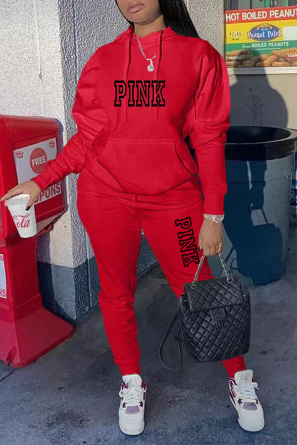 Red Casual Street Letter Print Draw String Pocket Hooded Long Sleeve Two Pieces