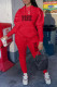 Red Casual Street Letter Print Draw String Pocket Hooded Long Sleeve Two Pieces