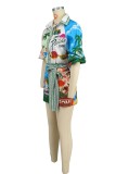 Light Green Casual Print With Belt Turndown Collar Shirt Dresses