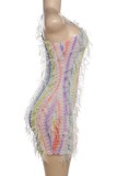 Colour Sexy Patchwork Backless Oblique Collar Wrapped Skirt Dresses