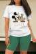 Ink Green Casual Letters Patchwork Contrast O Neck Short Sleeve Two Pieces