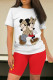 Red Casual Letters Patchwork Contrast O Neck Short Sleeve Two Pieces