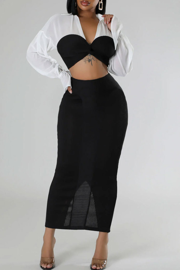 Black Elegant Patchwork Slit Ruched Contrast V Neck Long Sleeve Two Pieces