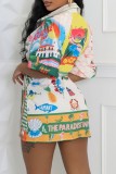 Light Green Casual Print With Belt Turndown Collar Shirt Dresses